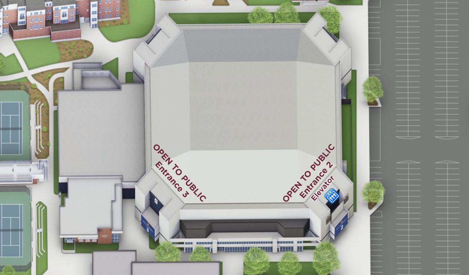 Arena Aerial showing Entry 2,3 open to Public